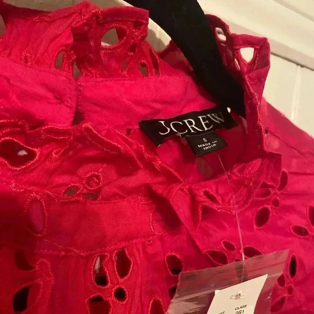 NWT J. Crew fully lined hot pink eyelet ruffled neck dress - Picture 2 of 16